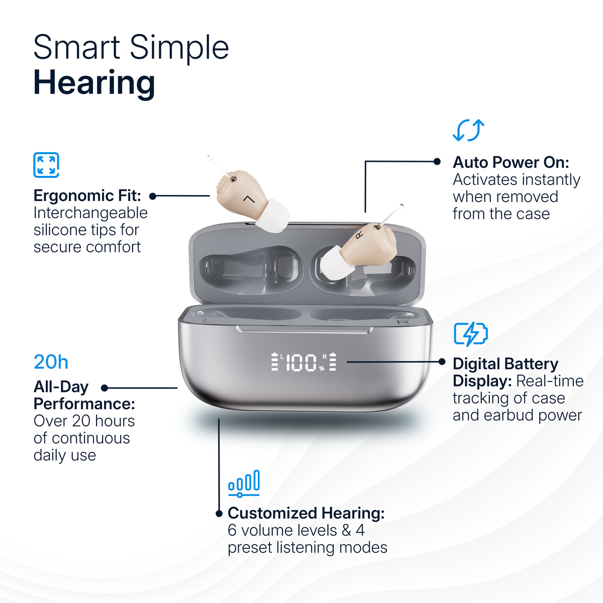 KLARIQ Pro OTC hearing aid, model JH-A26A