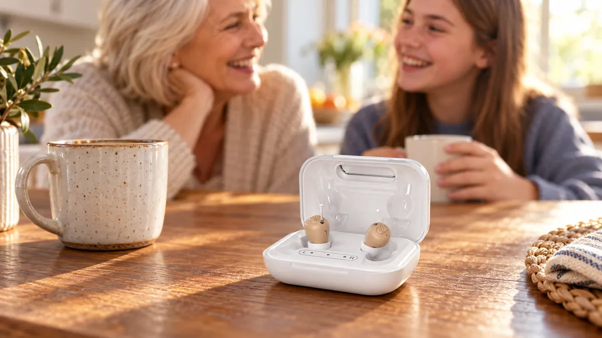Two people talking at a kitchen table, with a KLARIQ Essential charging case in front of them