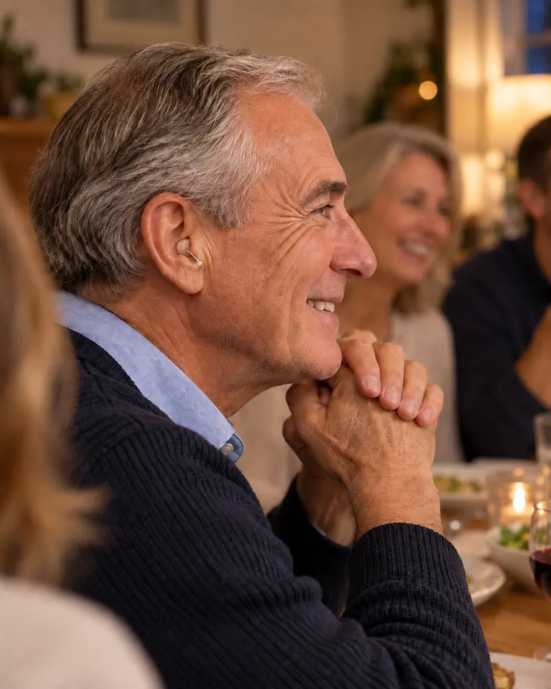 Man smiling at a dinner table, wearing an in-ear hearing aid