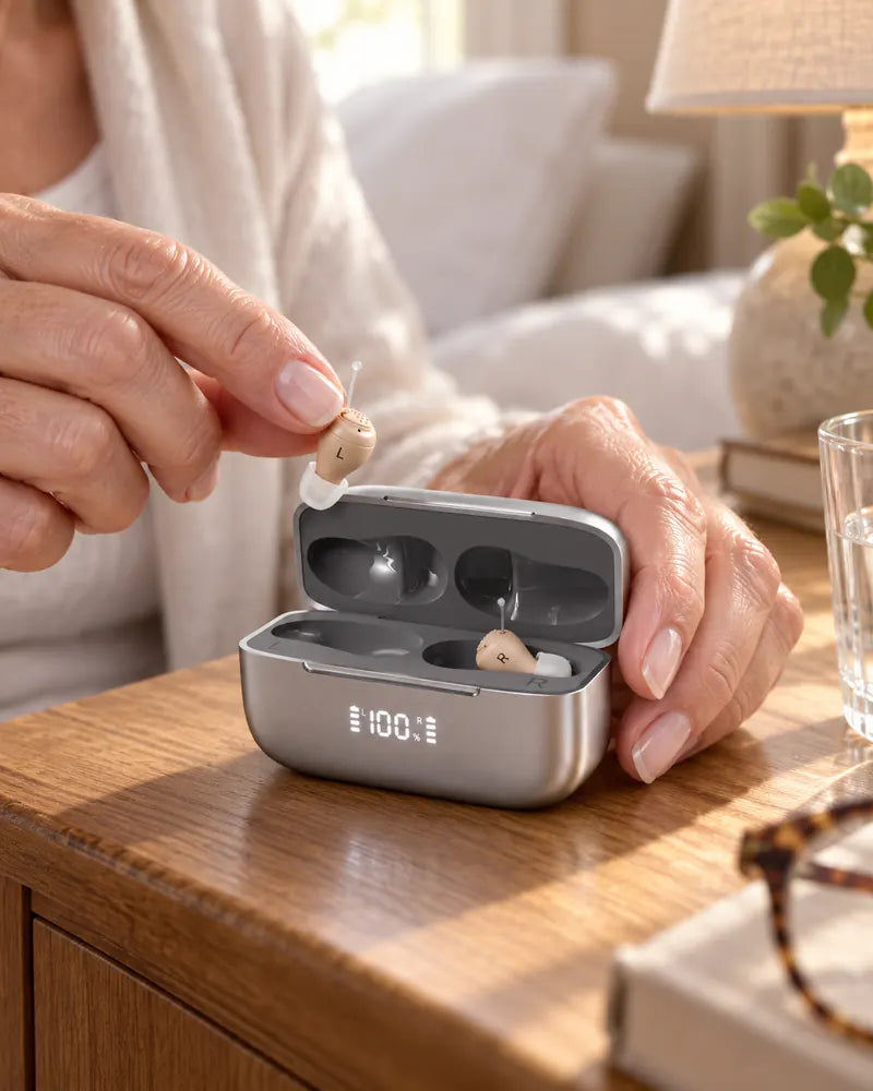 Hands taking a KLARIQ Pro hearing aid out of its charging case