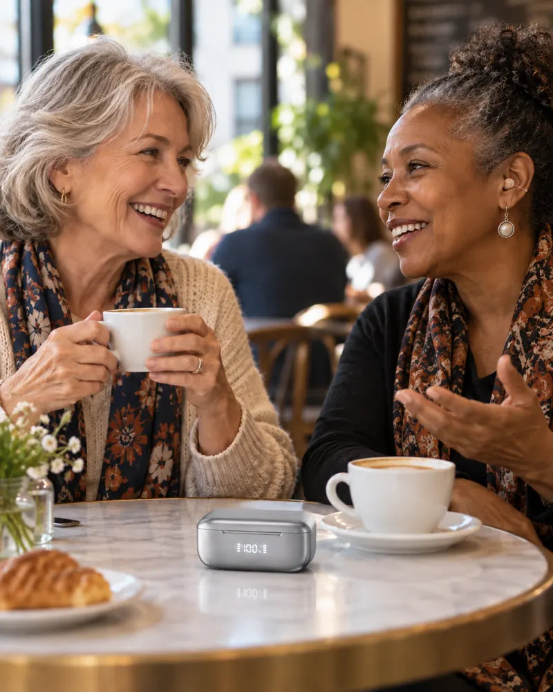 Two friends talking over coffee, with a KLARIQ Pro charging case on the table