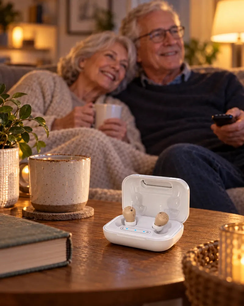 Couple on a sofa in the evening, with a KLARIQ Essential charging case on the coffee table